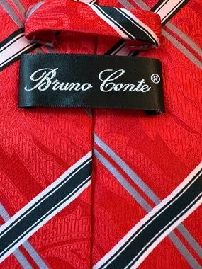 Bruno Conte Red Striped Paisley Necktie - Handmade Mens Power Tie